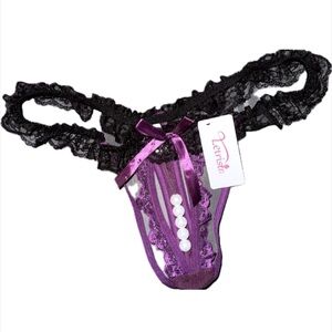 NEW Crotchless Lace & Pearls Purple & Black Thong Panties Lingerie